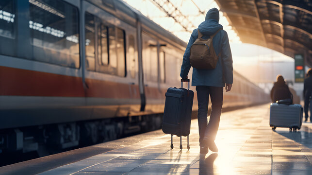 male traveler walking on platform of train station at morning