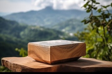 Mockup, um Produkte abzustellen auf einem luxuriösen Marmor. Steinfläche zur Produktpräsentation. Platzhalter für Produkte mit asiatischer Landschaft wie in Thailand als Hintergrund. 