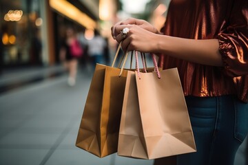 Einkaufen mit Tragetaschen in der Innenstadt. Neutrale Einkaufstüten als Mockup in brauner Naturfarbe. Papptaschen aus Geschäften beim Shopping in der Fußgängerzone.