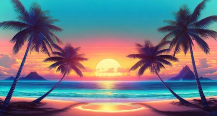 Fototapeta na wymiar retrowave sunset on the beach
