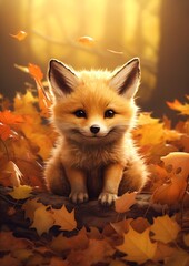 fox sitting log leaves best young cute face colors uncanny smile hybrid animal - obrazy, fototapety, plakaty
