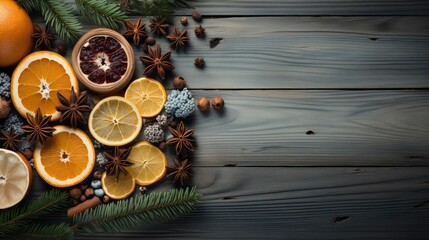 Obraz na płótnie Canvas Top view of festive Christmas fruits and spices on wooden background.
