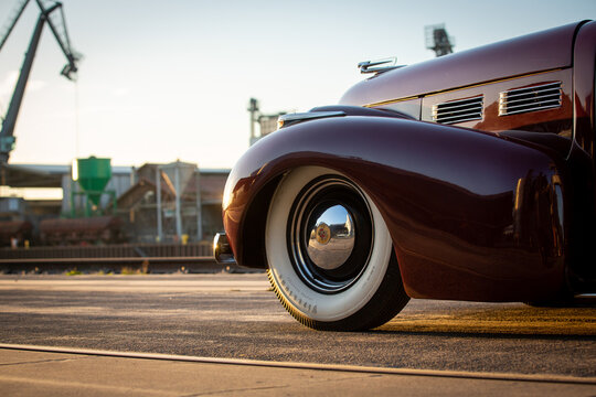 1940 Cadillac custom with top chop and lowering at a danube harbor in bavaria, germany.
