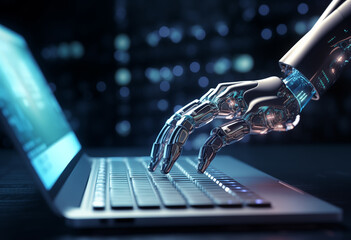 Robotic hand pressing a keyboard on a laptop 3D rendering 