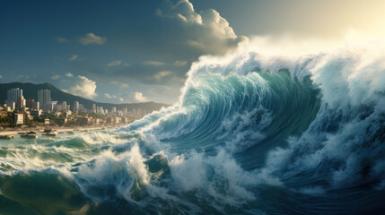 Huge tsunami wave, natural disaster - obrazy, fototapety, plakaty