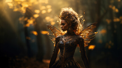 Beautiful dark fairy in forest
