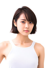 portrait white short hair chinese girl wearing a white tank top on  white background, generative ai