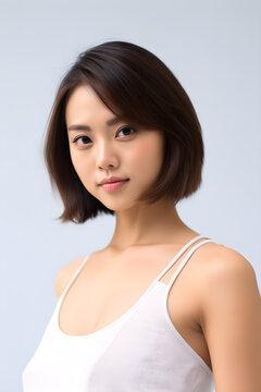 portrait white short hair chinese girl wearing a white tank top on  white background, generative ai