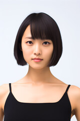 Fototapeta premium portrait white short hair asian girl wearing a black tank top on white background, generative ai
