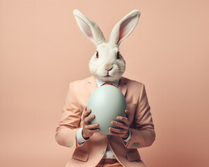 Cute rabbit stands like a man in modern pink suit, holding a large colored egg. Animal portrait. Easter creative concept.