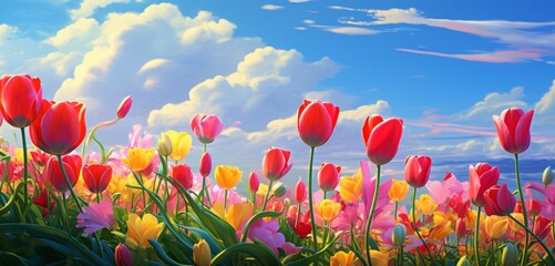 A field of vibrant, digital tulips swaying in an imaginary breeze.