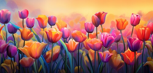 Fototapeta na wymiar A field of vibrant, digital tulips swaying in an imaginary breeze.