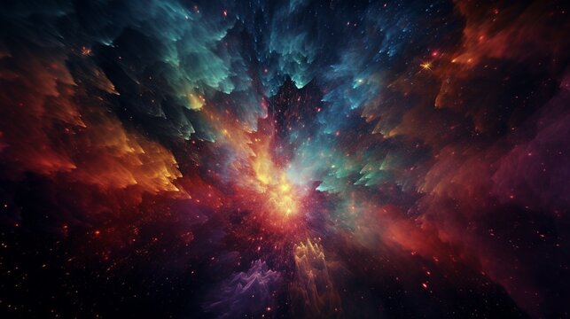 A dynamic, swirling storm of colorful, digital particles in an endless, dark space.