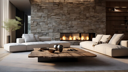 Wooden live edge accent coffee table between white sofas by fireplace in stone cladding wall. Minimalist style home interior design of modern living room in villa