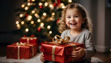 Small cute child holding present gift box with red ribbon, holiday event