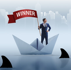 Businessman riding paper boat ship in winning concept