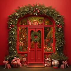 Fototapeta na wymiar Christmas store miniature, red background.