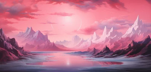 Fototapeten A surreal landscape with liquid mountains and a glowing pink sky. © Johnny arts