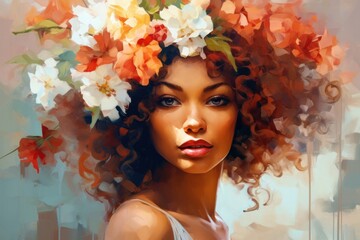 Beautiful red-haired african american woman with Vibrant Floral Crown in style of oil paintings. Impressionism. Trendy colors. Romantic lady. For postcard, greeting card, wall decor, cover design