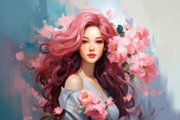 Beautiful pink-haired Asian woman with flowers. Romantic lady. Illustration in style of oil painting. Impressionism. Trendy pastel colors. For postcard, greeting, wall decor, cover design, print