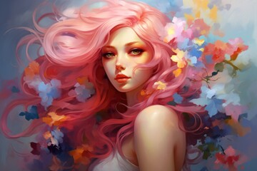 Obraz na płótnie Canvas Beautiful pink-haired Caucasian woman with flowers. Romantic lady. Illustration in style oil painting. Impressionism. Trendy colors. For postcard, greeting, wall decor, cover design, print