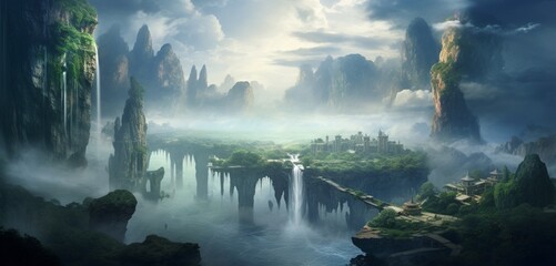 An ethereal landscape of floating islands and cascading waterfalls.