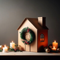  Christmas background with cardboard houses and glowing garlands,xmas minimalism card with copyspace