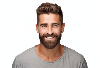 a closeup photo portrait of a handsome man smiling with clean teeth. used for a dental ad. guy with fresh stylish hair and beard with strong jawline. isolated on white background. - obrazy, fototapety, plakaty