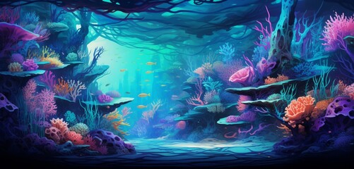An underwater scene with abstract coral reefs in neon colors.