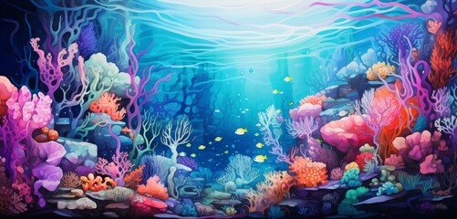 An underwater scene with abstract coral reefs in neon colors. - obrazy, fototapety, plakaty