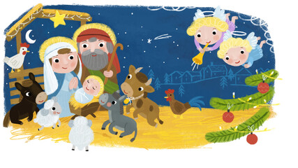 Obraz na płótnie Canvas cartoon illustration of the holy family josef mary traditional scene illustration for children