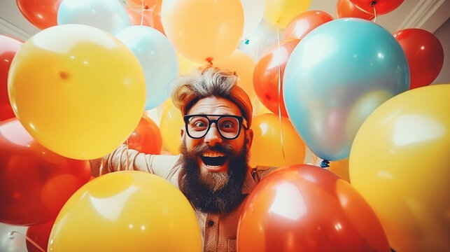  Party time.Joy fun and happiness concept. Happy bearded man