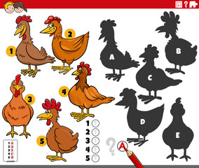 finding shadows game with cartoon chickens animal characters