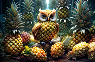 Cute owl made of pineapple among a forest of pineapples in a plantation.