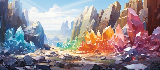 As the sunlight bathed the rocky terrain, the geologist marveled at the beautiful natural formations, adorned with colorful gemstones, each with its own unique texture and color, creating a dazzling - obrazy, fototapety, plakaty