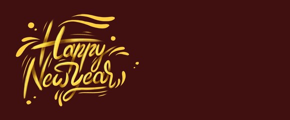 plantilla de tarjeta de año nuevo con fondo plano color rojo oscuro con espacio para escrito y con lettering amarillo con decoraciones y destellos