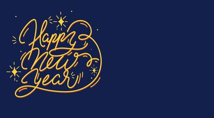 plantilla de tarjeta de año nuevo con fondo plano azul oscuro, espacio para escrito y con lettering amarillo con decoraciones y destellos
