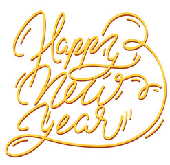 Lettering  aislado con las palabras feliz año nuevo en letras cursivas y color amarillo, festividad de fin de año