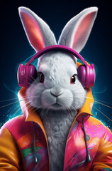 A rabbit wearing pink headphones and a colorful jacket 
