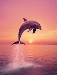 Stof per meter Dolphin jumping out of the water at sunset © LAJT