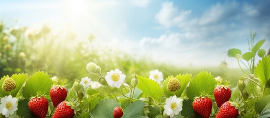 In the vibrant summer garden, amidst the lush green grass and swaying leaves, a white strawberry plant thrived, bearing healthy, red fruits that added a colorful touch to the bountiful farm - Powered by Adobe