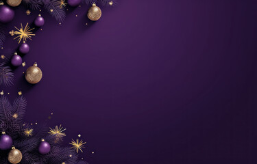 Purple christmas background with fir tree branches and baubles. Copy space