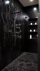 A glossy black epoxy wall texture with subtle silver streaks, elegant and modern