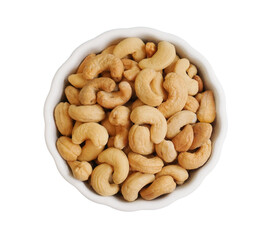 Bowl or dish of raw organic cashews that are salted and roasted on a white background