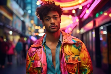 Stylish Young Man in Colorful Jacket Posing in Neon-Lit Urban Setting