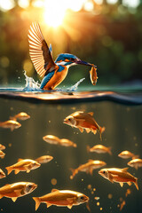 Beautiful Kingfisher holding a catch in its beak while a school of fish swim under the river illuminated by the golden sunrise