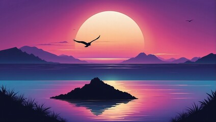 Beautiful sunset background. Bird flying over the ocean. Mountain. AI Generative. 