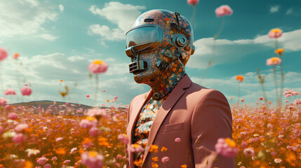 Unrealistic, illustrated portrait of a human robot in modern pink suit in a field of colorful fresh spring flowers. Abstract spring concept. 