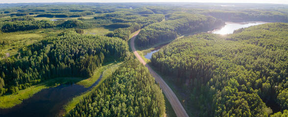 An aerial view of an extensive boreal forest with mixed tree types and scattered small lakes. A...