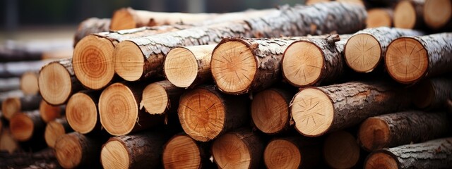 Neatly Stacked Pile of Wooden Logs - Close-up View - obrazy, fototapety, plakaty